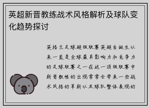 英超新晋教练战术风格解析及球队变化趋势探讨