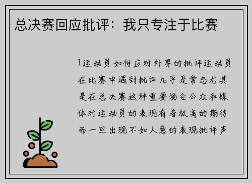 总决赛回应批评：我只专注于比赛